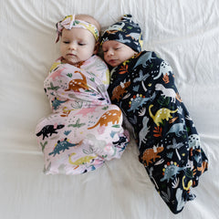 Navy Jurassic Jungle Swaddle + Hat Set